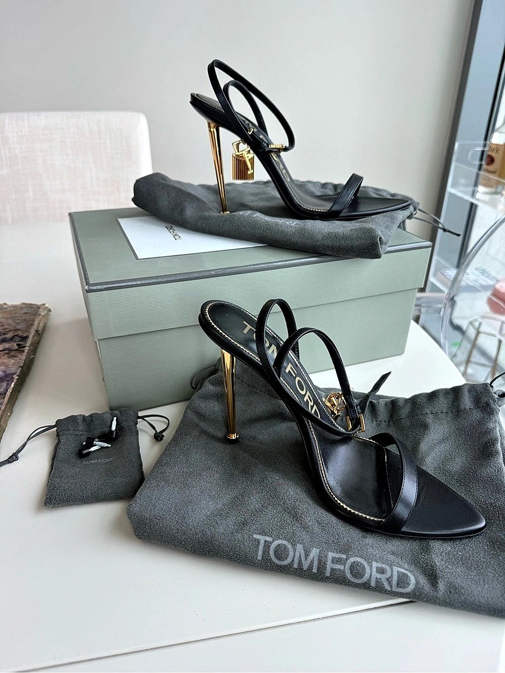 Tom Ford Shiny Leather Padlock Pointy Naked Sandal Black EU 38